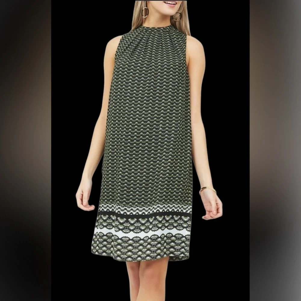 Suzy shier palm print pleated neckline summer sheer midi sleeveless dress
